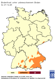 Bodenfrost unter unbewachsenem Boden, Vorhersage heute + 1 Tag