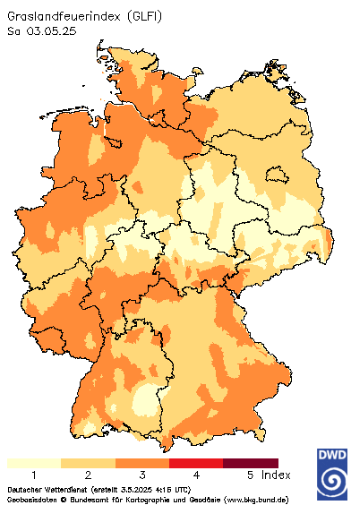 Deutschlandkarte mit dem Tageswert des Grasland-Feuerindex, heute (12 UTC - Wert)