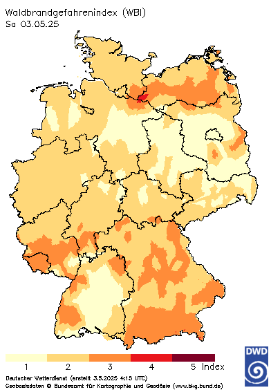 Deutschlandkarte mit dem Tageswert des Waldbrand-Gefahrenindex WBI, heute