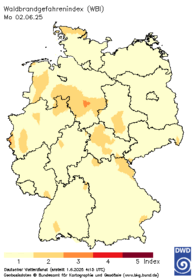 aktueller Waldbrand-Gefahrenindex WBI, heute + 1 Tag
