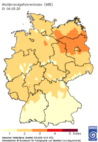 aktueller Waldbrand-Gefahrenindex WBI, heute + 3 Tage