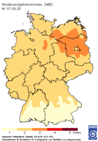 aktueller Waldbrand-Gefahrenindex WBI, heute + 4 Tage