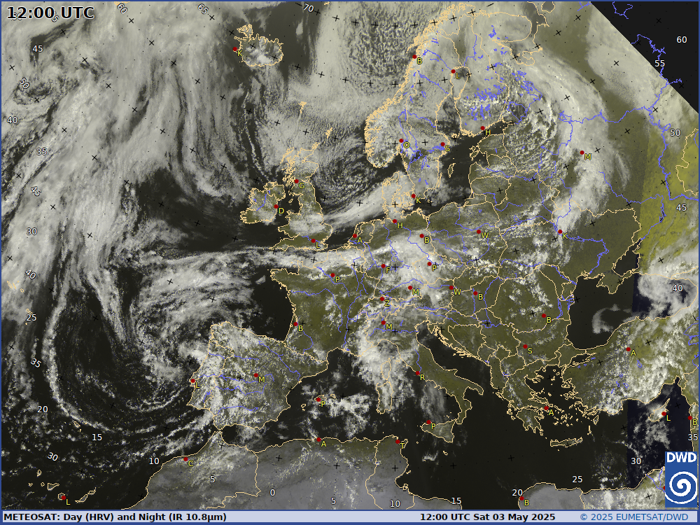 Aktuelles Europabild vom Meteosat (HRV und IR mit topographischem Hintergrund), 3 stündige Aktualisierung