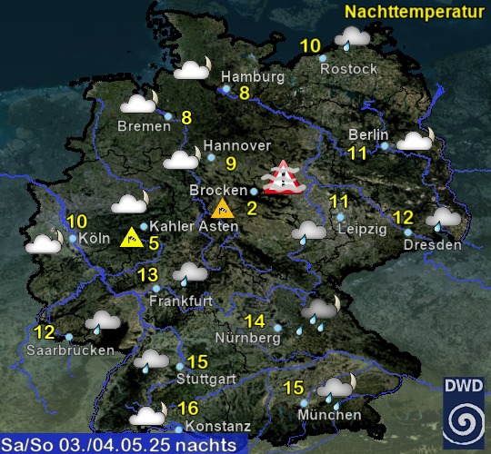 Vorhersage für heute nacht mit Tiefsttemperatur und Wetter für Deutschland Vorhersage für heute nacht mit Tiefsttemperatur und Wetter für Deutschland