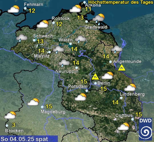 Vorhersage für heute mit Höchsttemperatur und Wetter für Region Nordost