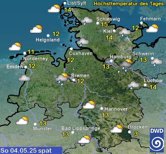Vorhersage für heute mit Höchsttemperatur und Wetter für Region Nordwest