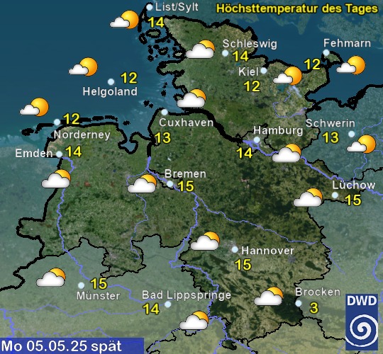 Vorhersage für übermorgen mit Höchsttemperatur und Wetter für Region Nordwest Vorhersage für übermorgen mit Höchsttemperatur und Wetter für Region Nordwest