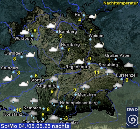 Vorhersage für heute mit Nachttemperatur und Wetter für Region Suedost Vorhersage für heute mit Nachttemperatur und Wetter für Region Suedost