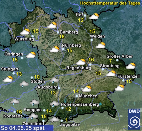 Vorhersage für heute mit Höchsttemperatur und Wetter für Region Suedost