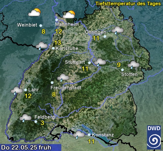 Vorhersage für heute früh mit Tiefsttemperatur und Wetter für Region Suedwest