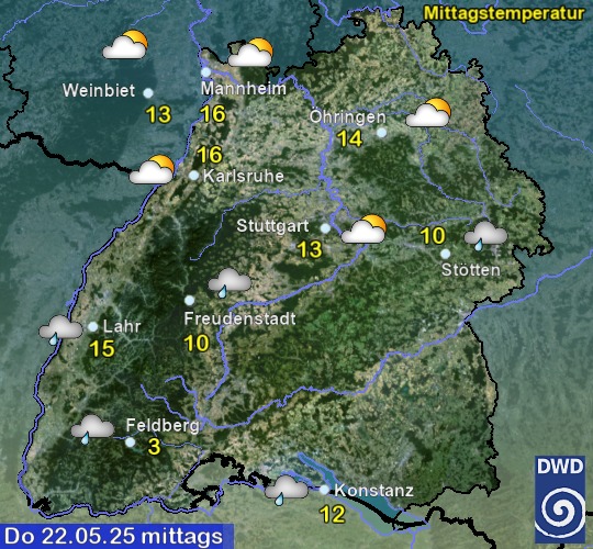 Vorhersage für heute mit Mittagstemperatur und Wetter für Region Suedwest