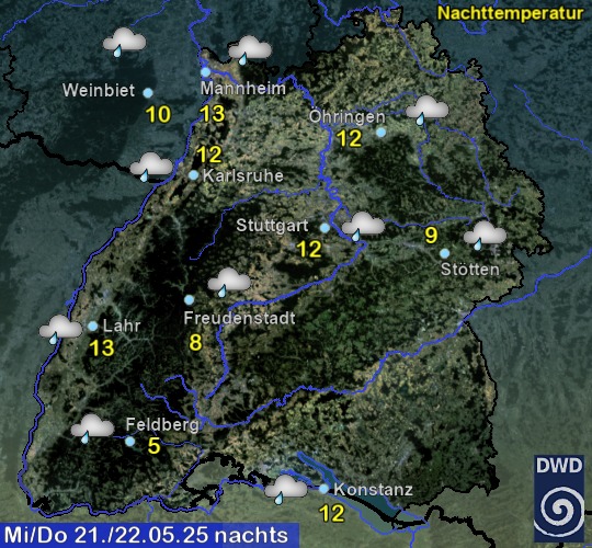 Vorhersage für heute mit Nachttemperatur und Wetter für Region Suedwest Vorhersage für heute mit Nachttemperatur und Wetter für Region Suedwest