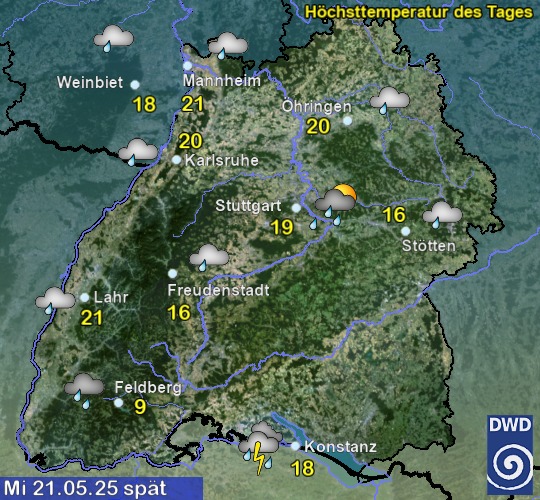 Vorhersage für heute mit Höchsttemperatur und Wetter für Region Suedwest Vorhersage für heute mit Höchsttemperatur und Wetter für Region Suedwest