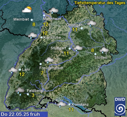 Vorhersage für morgen früh mit Tiefsttemperatur und Wetter für Region Suedwest Vorhersage für morgen früh mit Tiefsttemperatur und Wetter für Region Suedwest