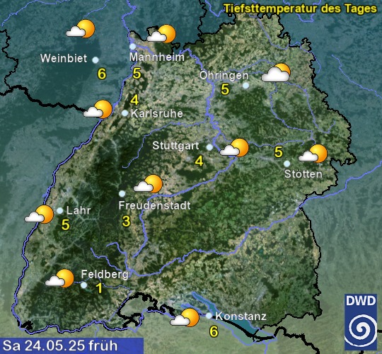Vorhersage für 4. Tag früh mit Tiefsttemperatur und Wetter für Region Suedwest Vorhersage für 4. Tag früh mit Tiefsttemperatur und Wetter für Region Suedwest