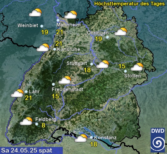 Vorhersage für 4. Tag mit Höchsttemperatur und Wetter für Region Suedwest Vorhersage für 4. Tag mit Höchsttemperatur und Wetter für Region Suedwest