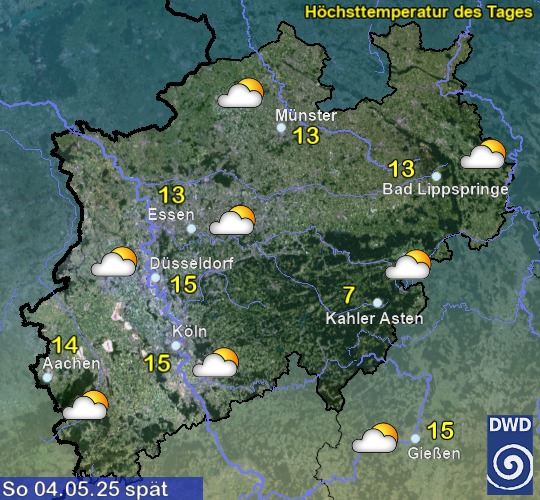 Vorhersage für heute mit Höchsttemperatur und Wetter für Region West
